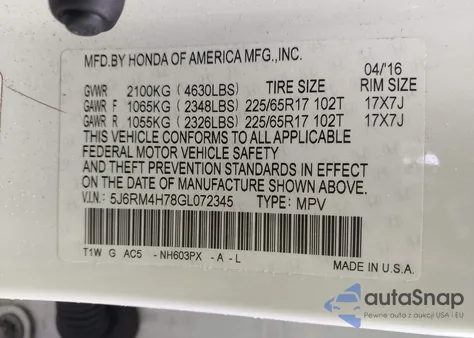 2016 Honda Cr-V Ex-L from USA, damaged, VIN 5J6RM4H78GL072345